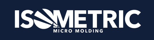 Isometric Micro Molding logo, white letters on blue background